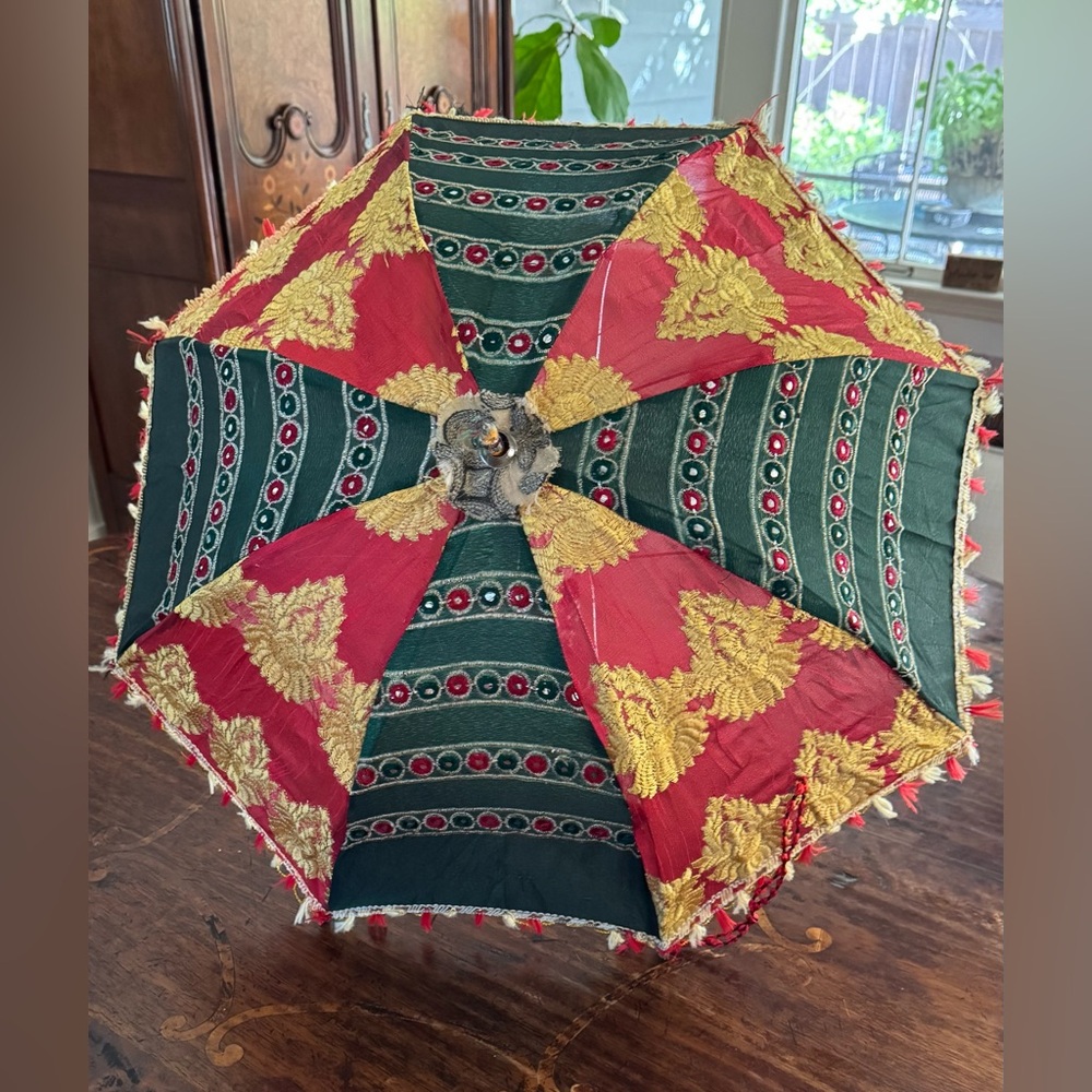 Festive Red and Green Embroidered Silk Sun Parasol Umbrella 25” - Picture 1 of 7
